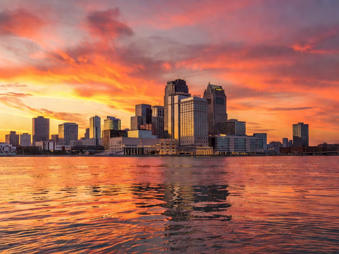 Spectacular city skyline seen across a glistening river at sunset