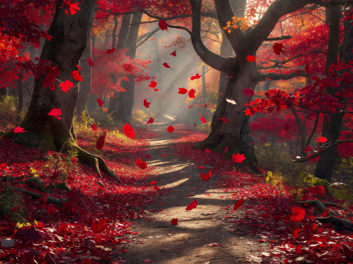 Beautiful forest pathway with dynamic autumn maple leaves in deep red tones
