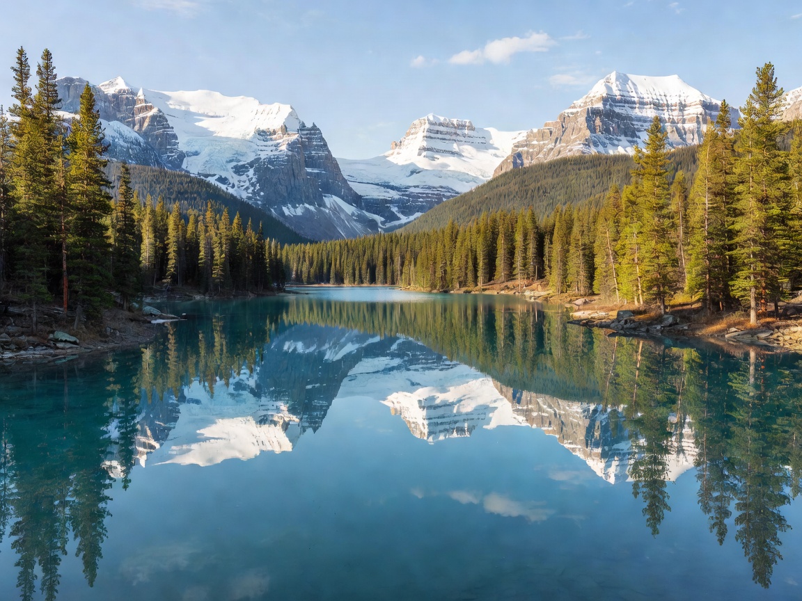 Pristine mirror reflections on a glacial mountain lake surrounded by pine forests in Alberta