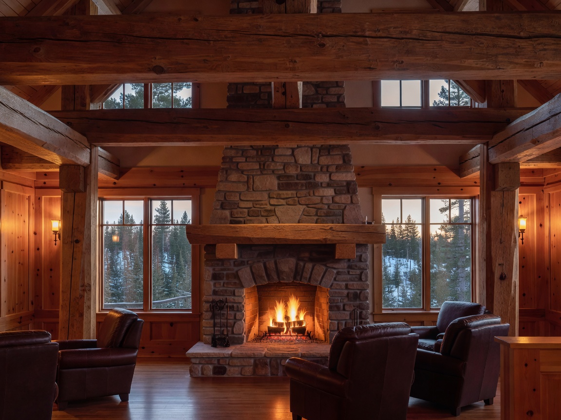Richly detailed rustic wood beams and classic fireplace in a northern Ontario resort lobby