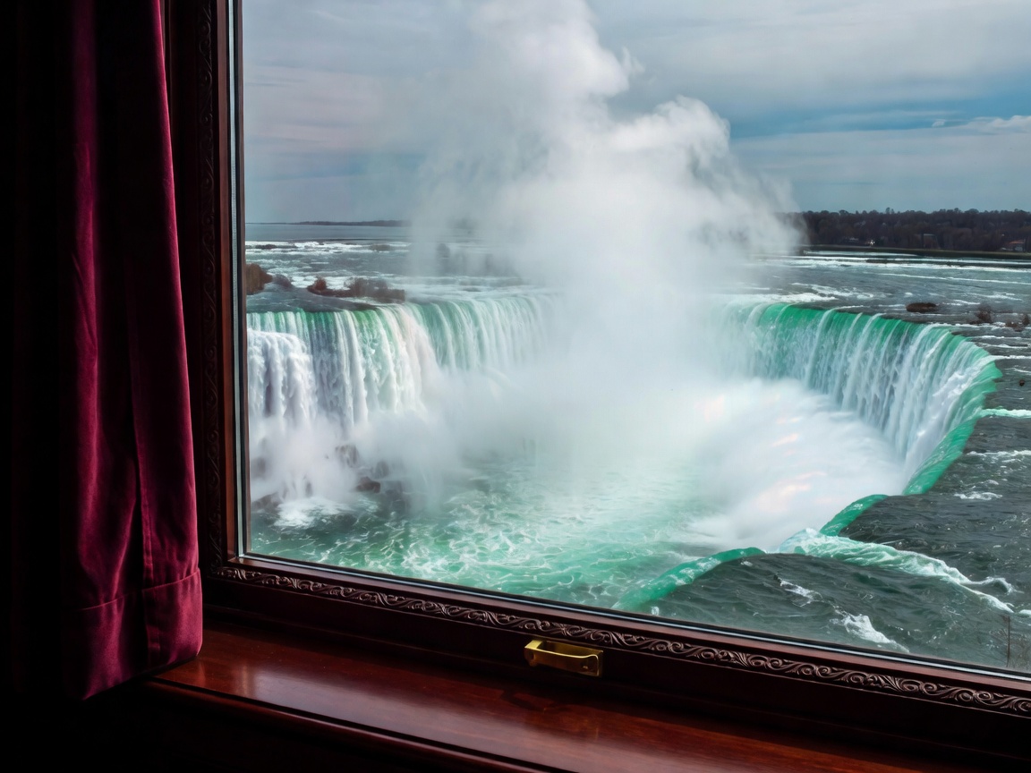 Elegant window frame looking out over the magnificent mists of Horseshoe Falls