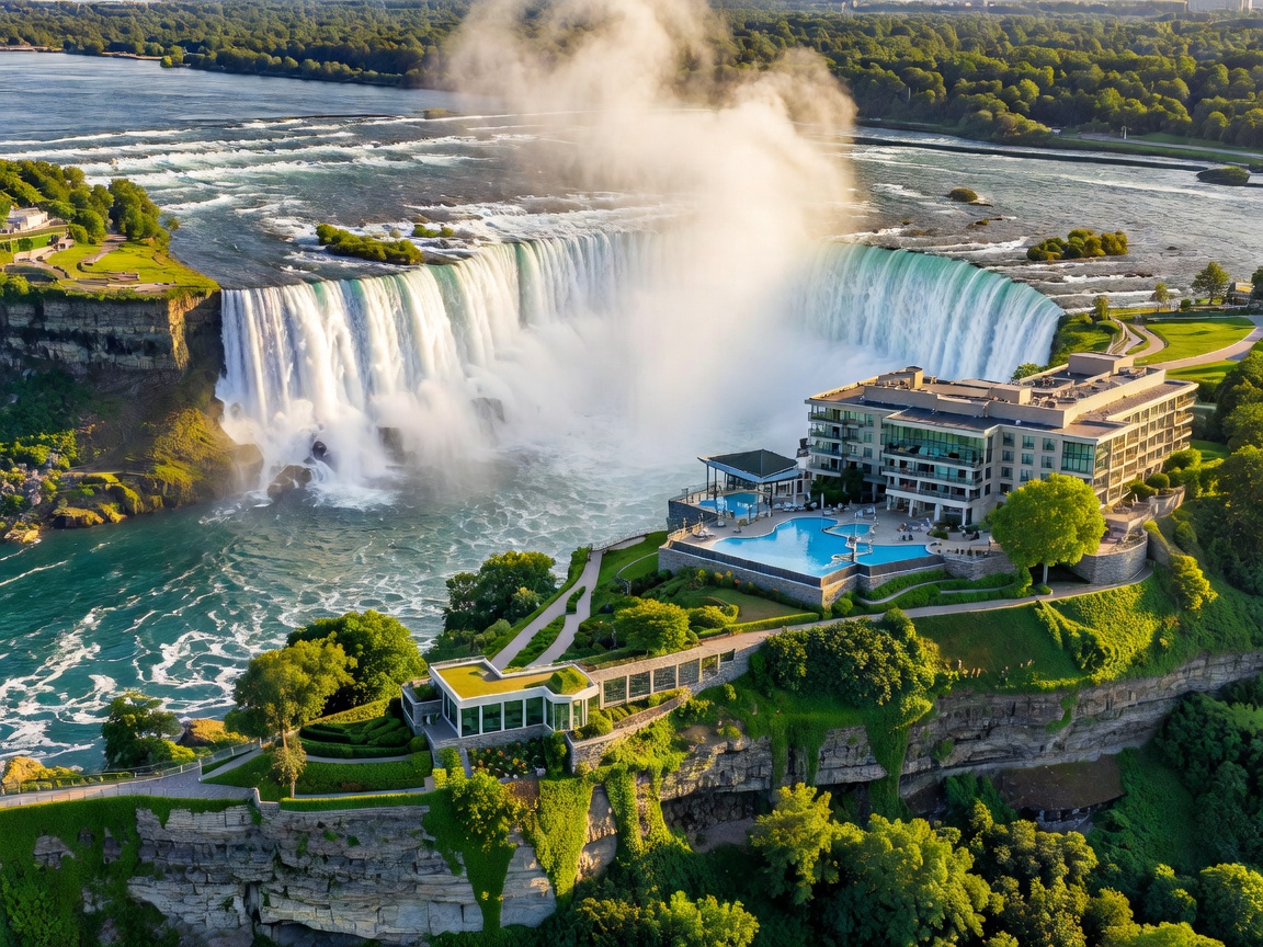 Aerial perspective of cliffs and lush luxury resort over Horseshoe Falls in Niagara