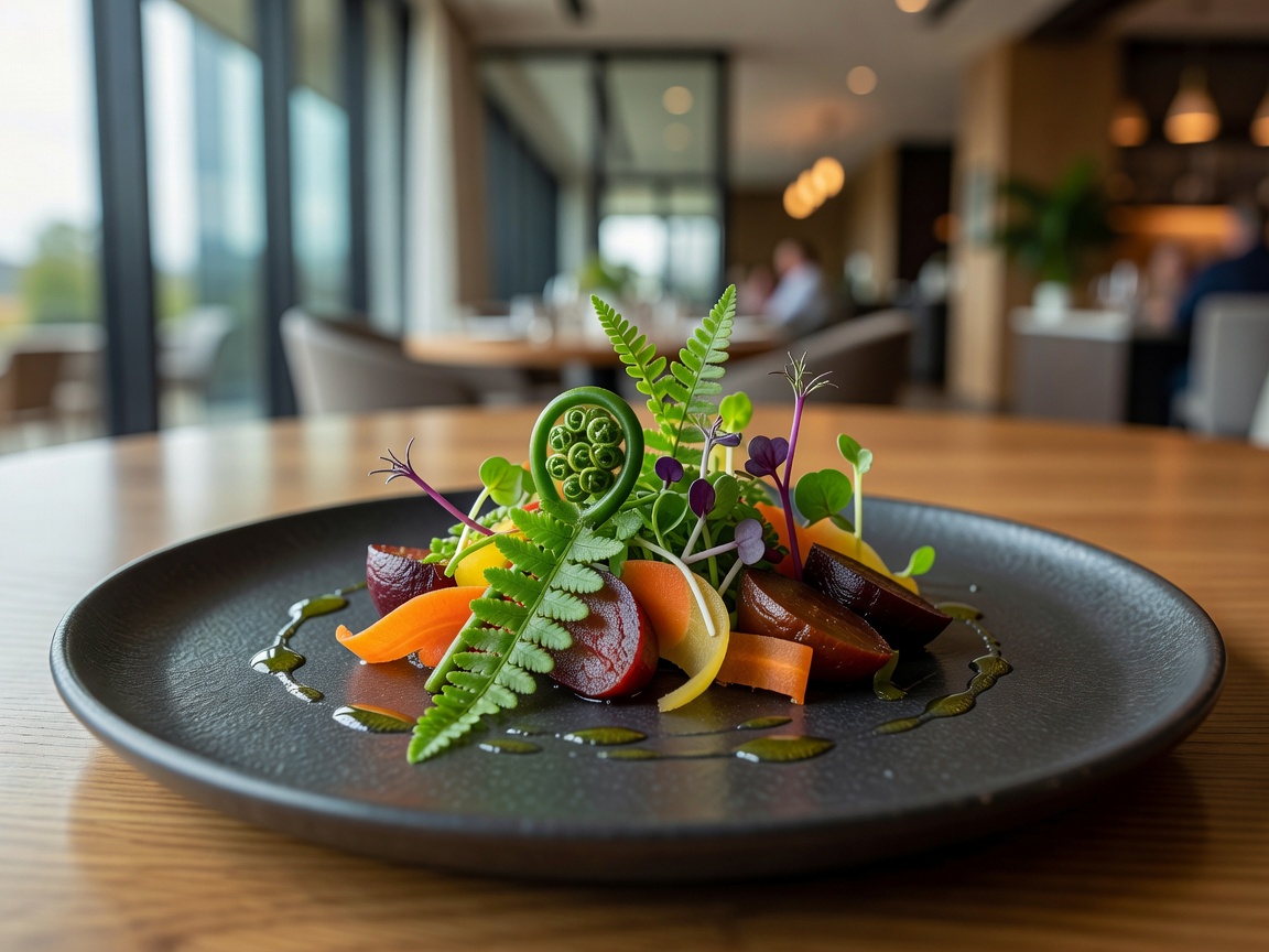 Exquisitely presented modern culinary plating with seasonal Canadian herbs and vegetables
