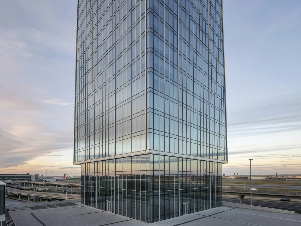 Sleek glass high-rise hotel exterior close to Toronto airport hubs