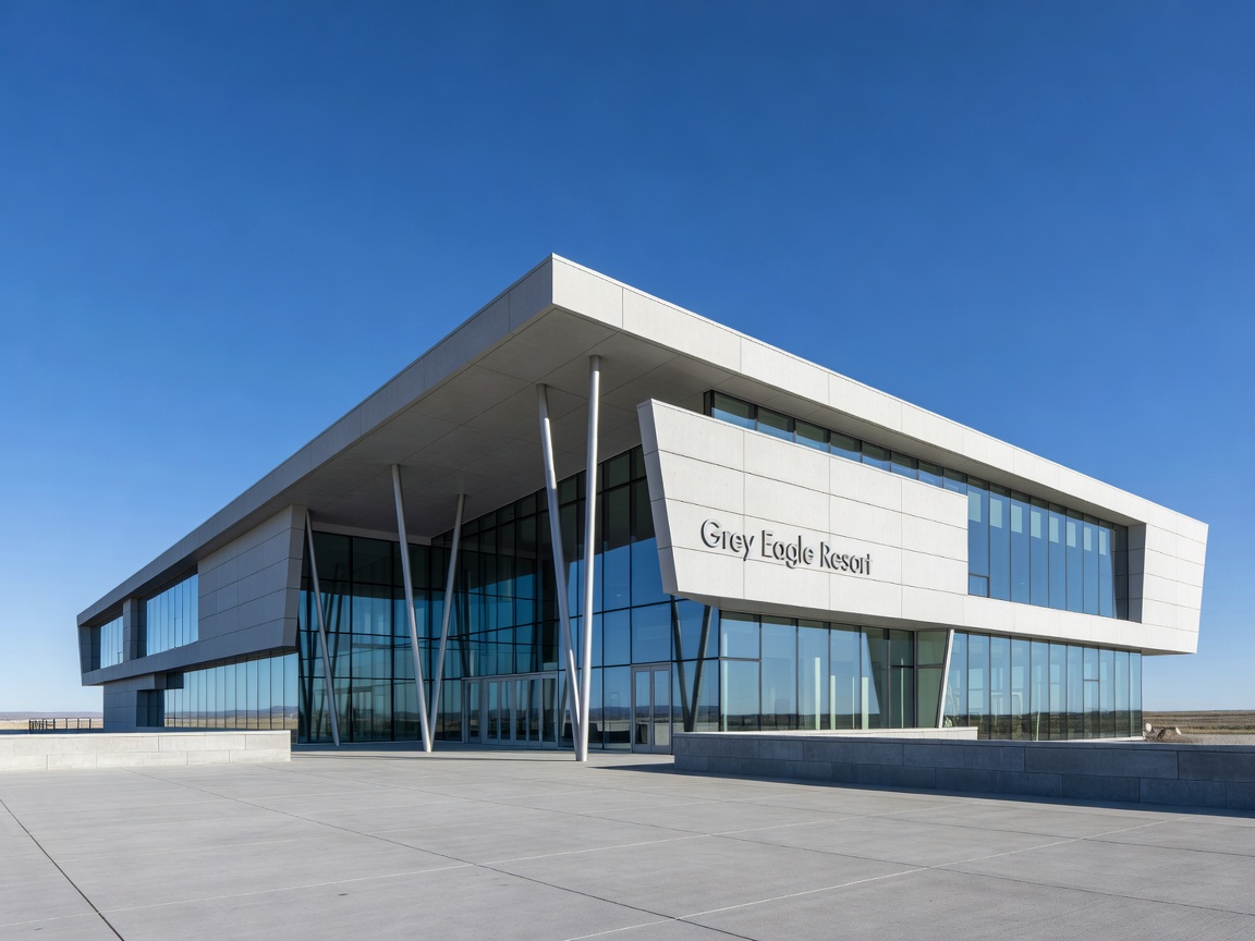 Sleek architecture of the Calgary resort entry under wide blue sky