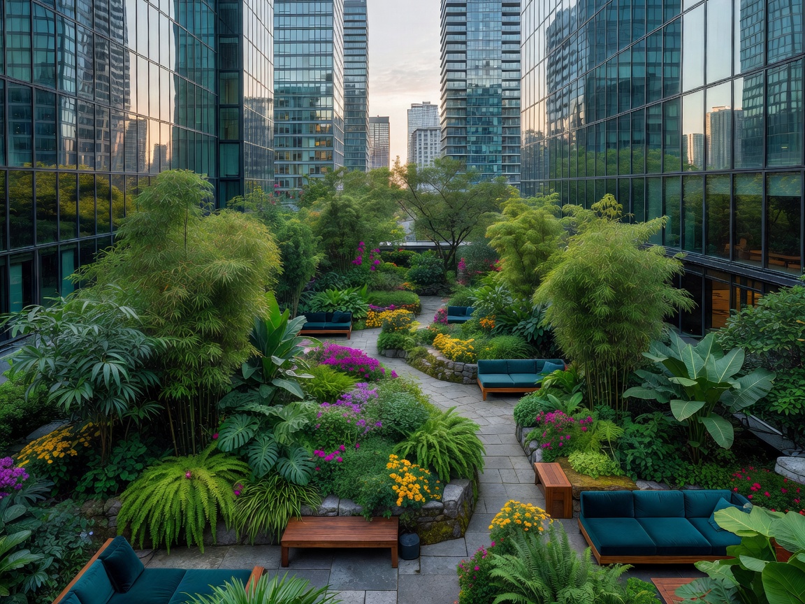 Lush rooftop terrace and garden landscape with surrounding glass skyscrapers