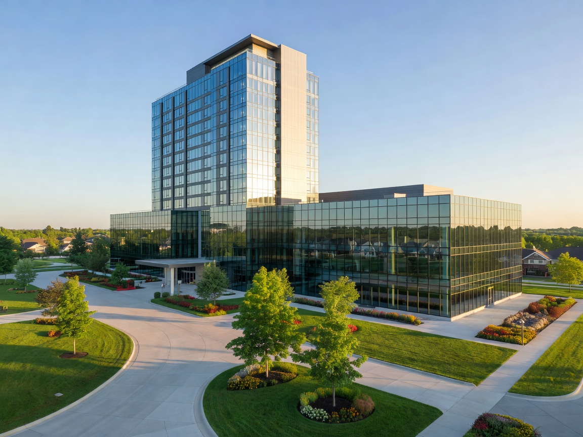 Gleaming modern hotel tower and glass frontage in suburban Greater Toronto Area
