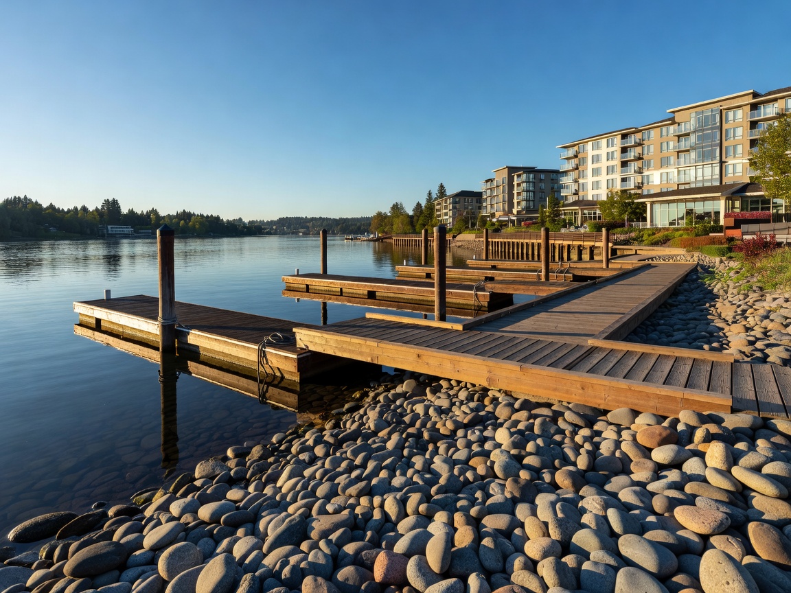 Hotel docks and scenic riverside walkway under clear skies in Richmond BC