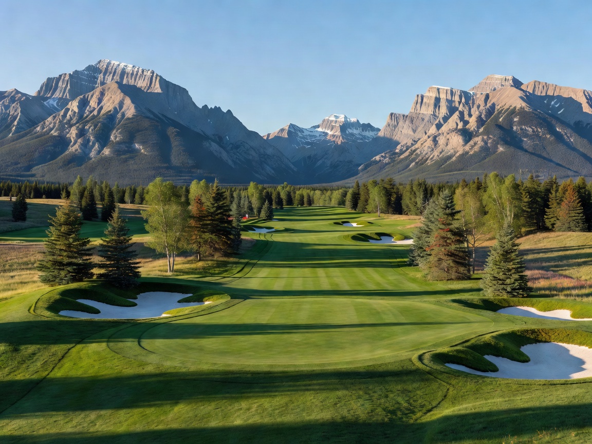 A spectacular green golf course flanked by towering Canadian Rocky Mountains